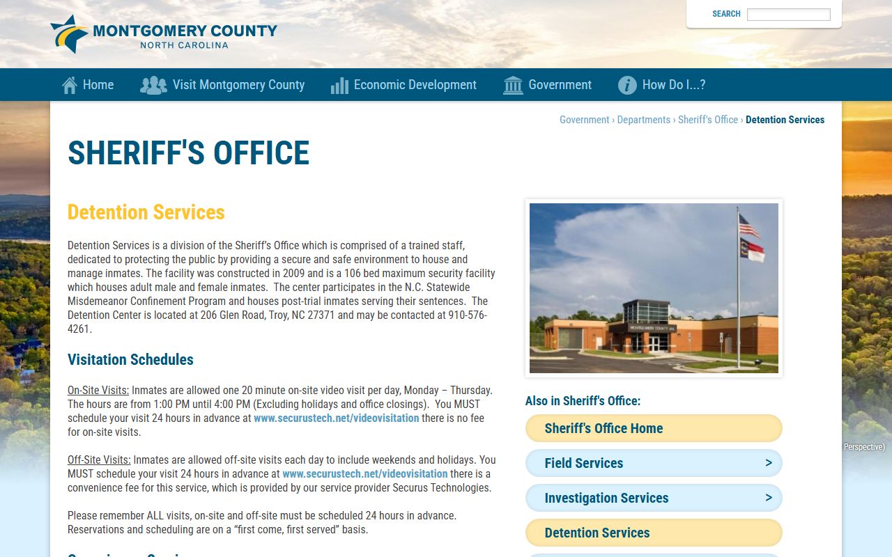 Montgomery County Detention Center inmate services page showing jail records and visitation details