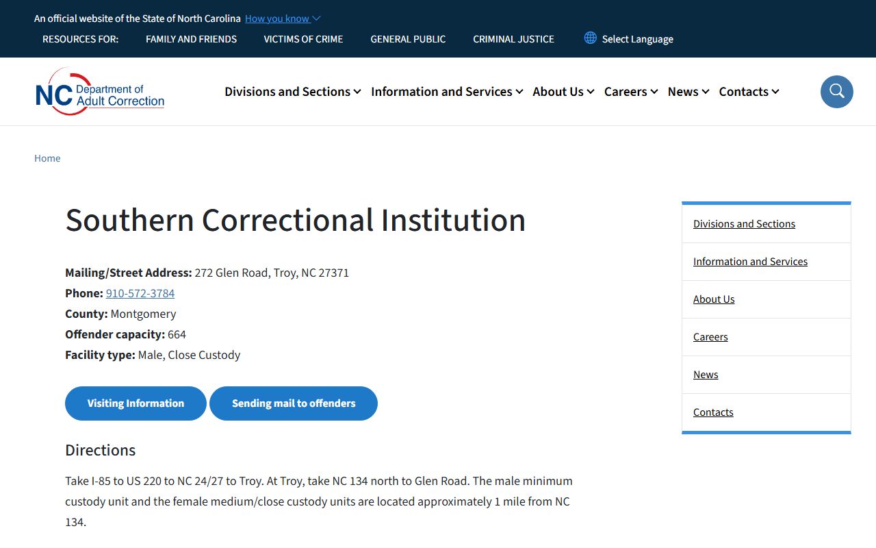 Southern Correctional Institution inmate lookup and facility details from NC DAC